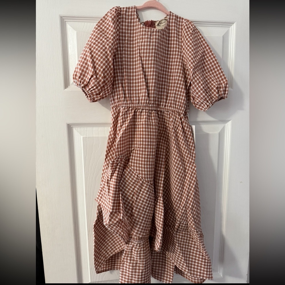 Joyfolie Brown and White Checkered Kids Dress